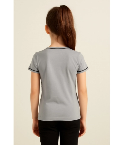 Girl's Cotton Printeded Round Neck T-Shirt (Grey)