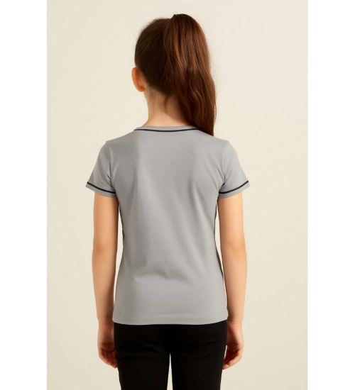 Girl's Cotton Printeded Round Neck T-Shirt (Grey)