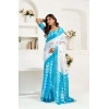 Women's Faux Linen Leaf Print Ready to wear Saree With Unstitched Blouse 5.5Mtr (SkyBlue & White) Women's Faux Linen Leaf Print Ready to wear Saree With Unstitched Blouse 5.5Mtr (SkyBlue & White)