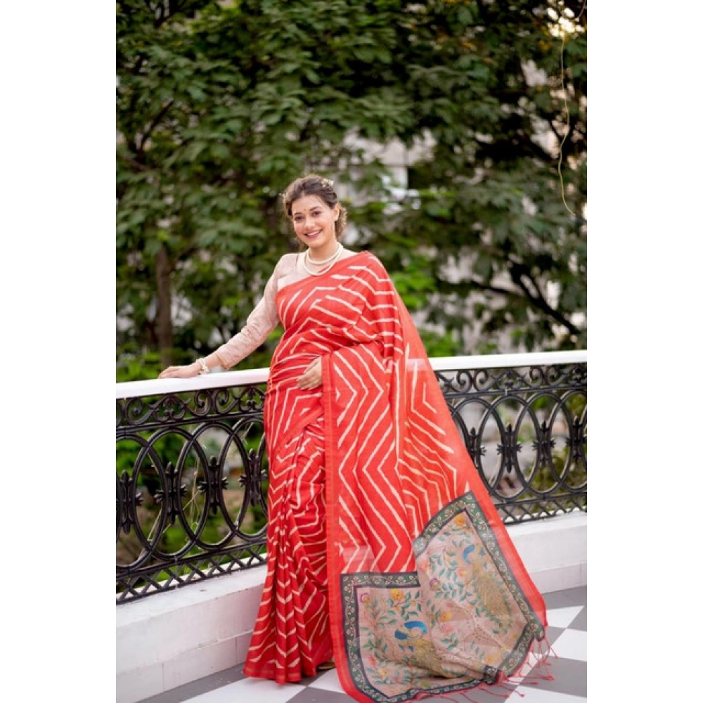 Women's Faux_Tussar_Silk Geometric_Print Saree With Unstitched Blouse 5.5Mtr (Red) Women's Faux_Tussar_Silk Geometric_Print Saree With Unstitched Blouse 5.5Mtr (Red)