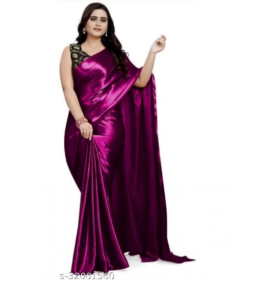 Women's Satin Solid Saree With Unstitched Blouse 5.5Mtr (Purple)