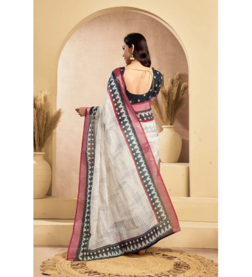 Women's Linen Cotton Printed Ready To Wear Saree With Unstitched Blouse 5.5 Mtr (Off_White) Women's Linen Cotton Printed Ready To Wear Saree With Unstitched Blouse 5.5 Mtr (Off_White)