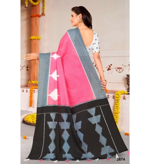 Women's Soft Pure Cotton Printed Saree With Unstitched Blouse 5.5Mtr (Pink)