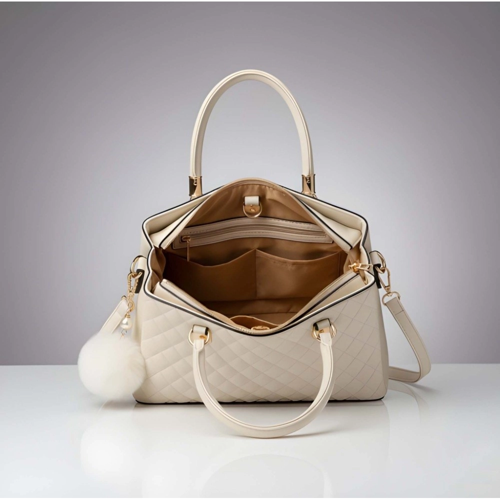 Women's PU Leather Solid Shoulder Zipper Handbag (Cream)