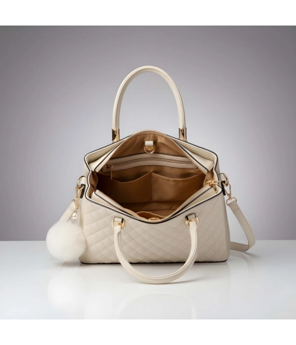 Women's PU Leather Solid Shoulder Zipper Handbag (Cream)