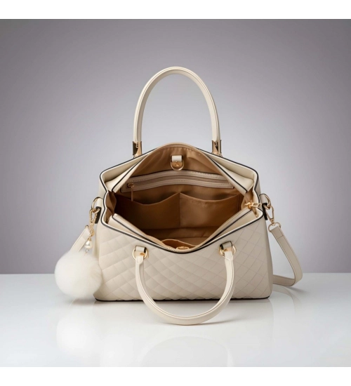 Women's PU Leather Solid Shoulder Zipper Handbag (Cream)