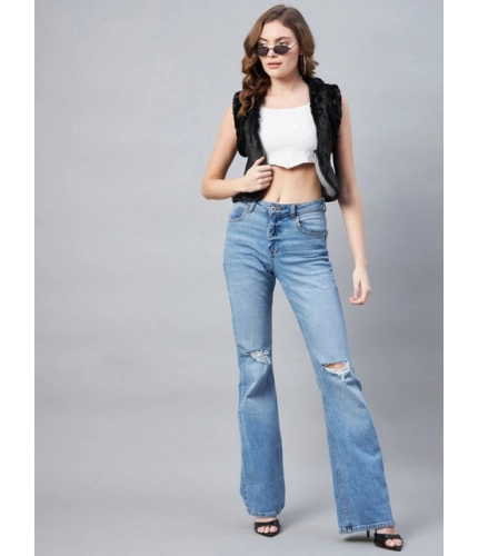 Women's Denim And Fur Solid Sleeveless Shrug (Black)