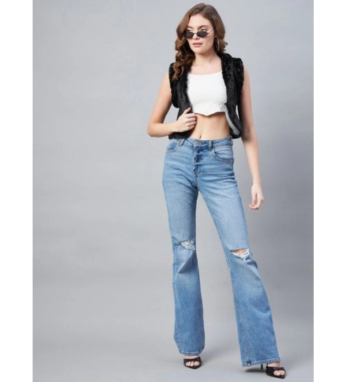 Women's Denim And Fur Solid Sleeveless Shrug (Black)