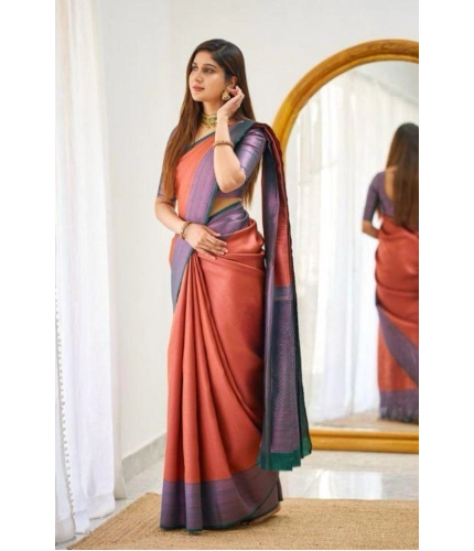 Women's Soft Lichi Silk Printed Saree With Unstitched Blouse 5.5Mtr (Orange) Women's Soft Lichi Silk Printed Saree With Unstitched Blouse 5.5Mtr (Orange)
