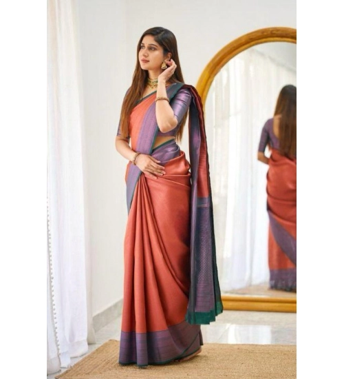 Women's Soft Lichi Silk Printed Saree With Unstitched Blouse 5.5Mtr (Orange)