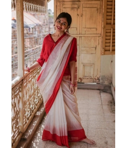 Women's Soft Lilan Printed Saree With Unstitched Blouse 5.5Mtr (White)