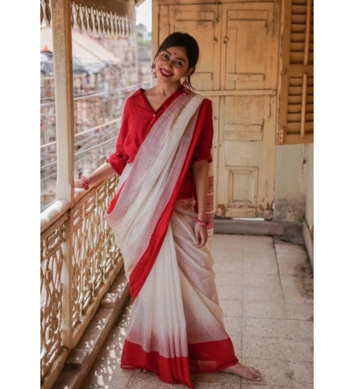 Women's Soft Lilan Printed Saree With Unstitched Blouse 5.5Mtr (White)