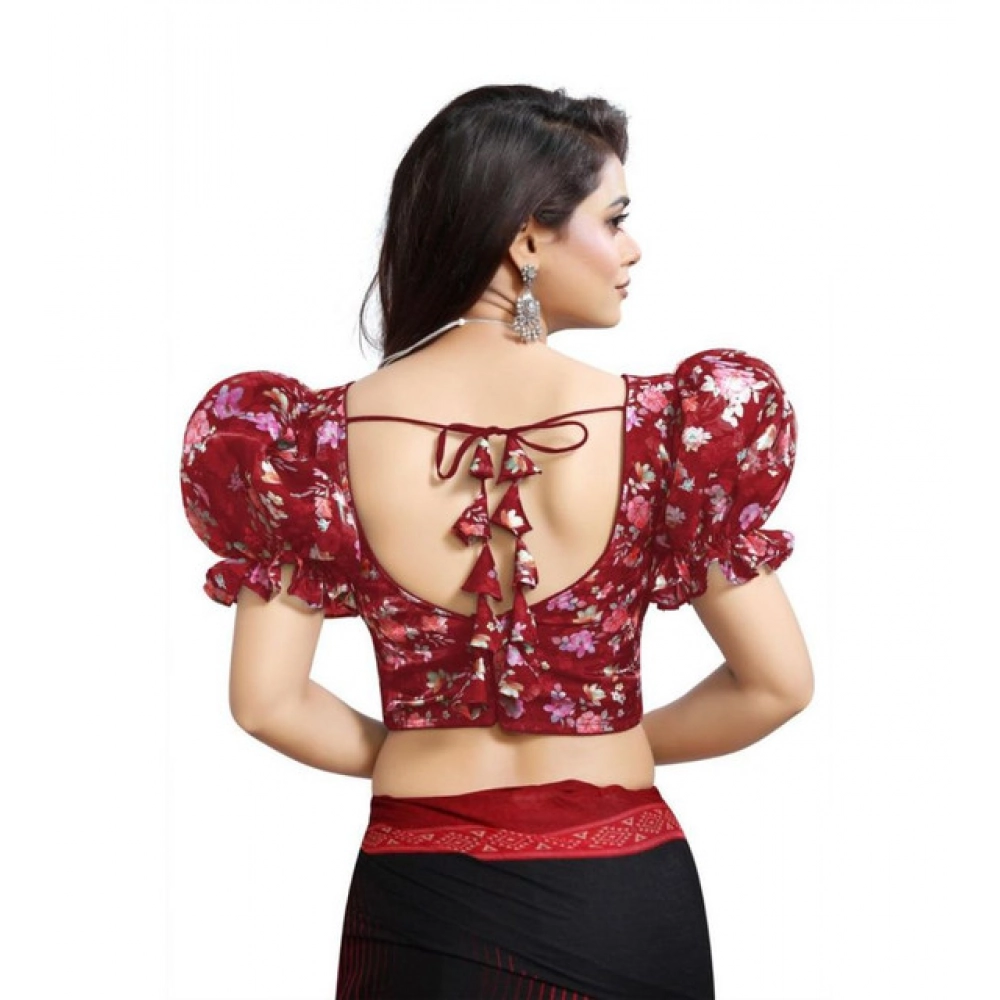 Women's Organza Printed V Neck Puff Sleeve Readymade Blouse (Maroon 38 , Alterable up to 42)-PID65866