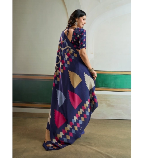 Women's Satin Crepe Printed Saree With Unstitched Blouse 5.5Mtr (Navy Blue)