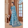 Dropship Women's Printed Cotton Linen Saree withPrinted  Saree With Unstitched Blouse (Blue, 5-6Mtrs)