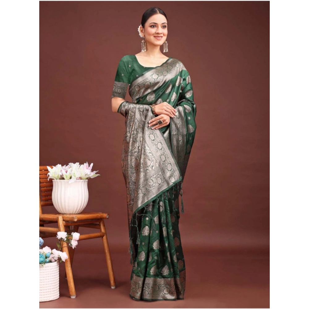 Women's Banarasi Silk Printed Saree With Unstitched Blouse 5.5Mtr (Dark Green) Women's Banarasi Silk Printed Saree With Unstitched Blouse 5.5Mtr (Dark Green)