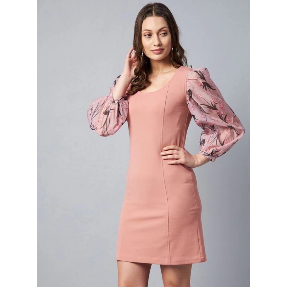 Women's Polyester Lycra And Organza Floral Balloon Sleeve Dress (Pink)