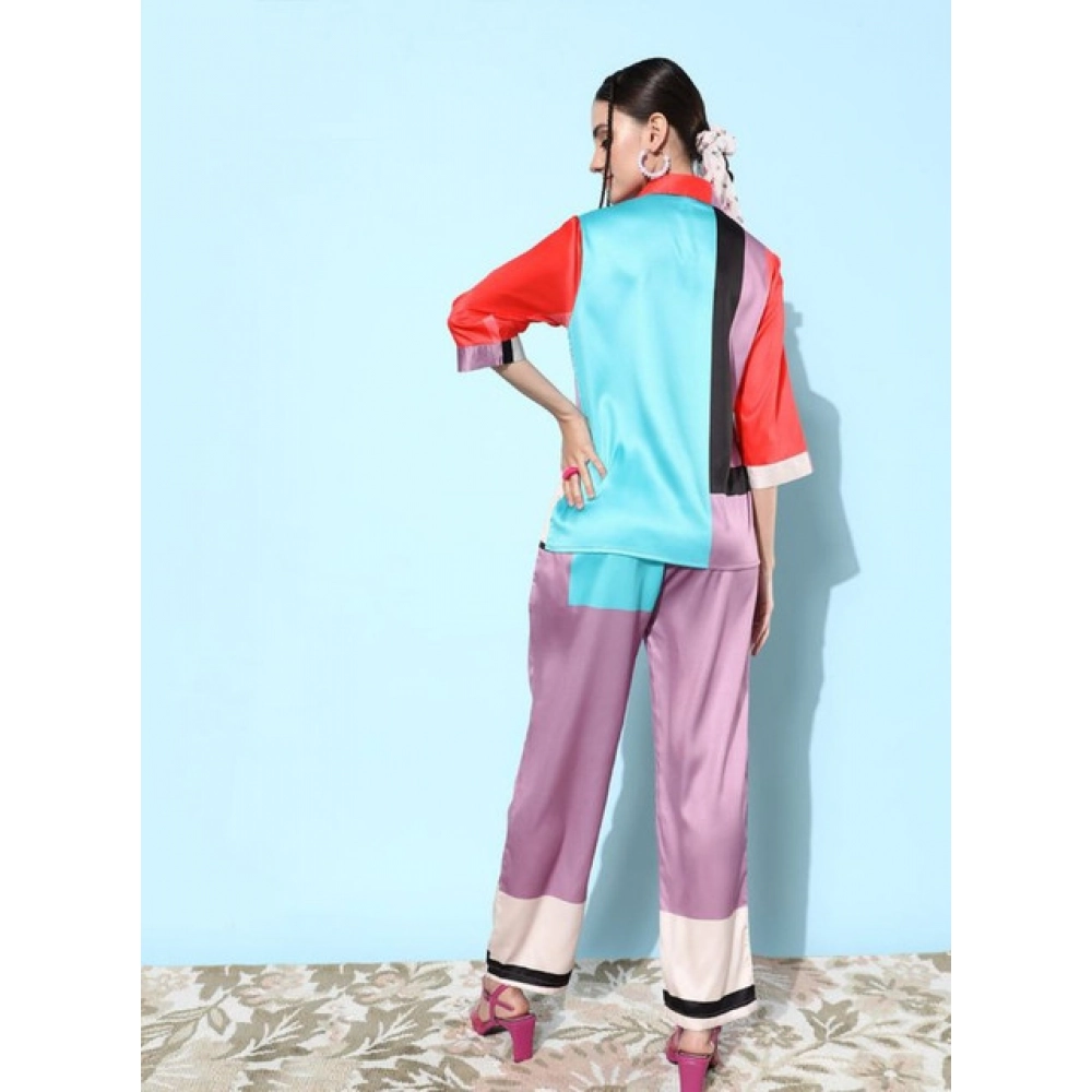 Women's Satin Colour Block Long Sleeves Co-Ord Set (Multicolor)
