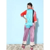 Women's Satin Colour Block Long Sleeves Co-Ord Set (Multicolor)