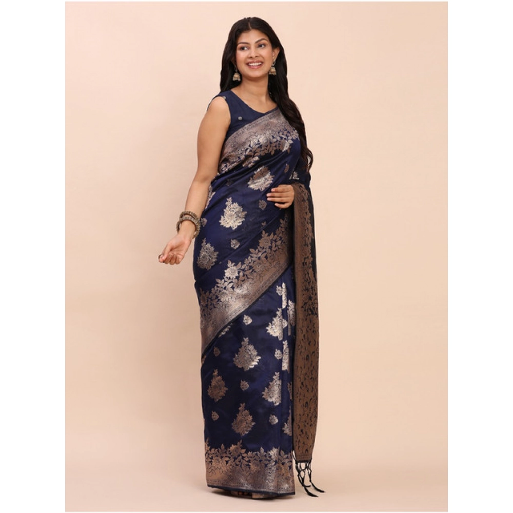 Women's Banarasi Silk Printed Saree With Unstitched Blouse 5.5Mtr (Navy Blue) Women's Banarasi Silk Printed Saree With Unstitched Blouse 5.5Mtr (Navy Blue)