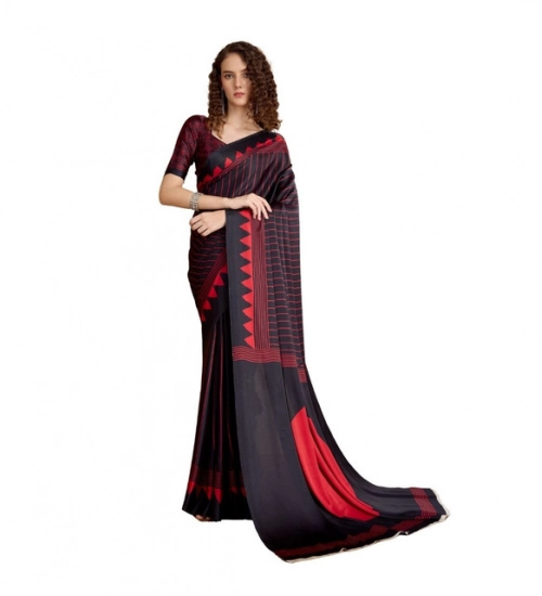 Women's Satin Crepe Printed Saree With Unstitched Blouse 5.5Mtr (Black)
