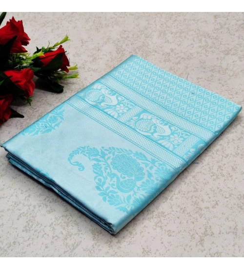 Women's Soft Lichi Silk Printed Saree With Unstitched Blouse 5.5Mtr (Sky Blue)