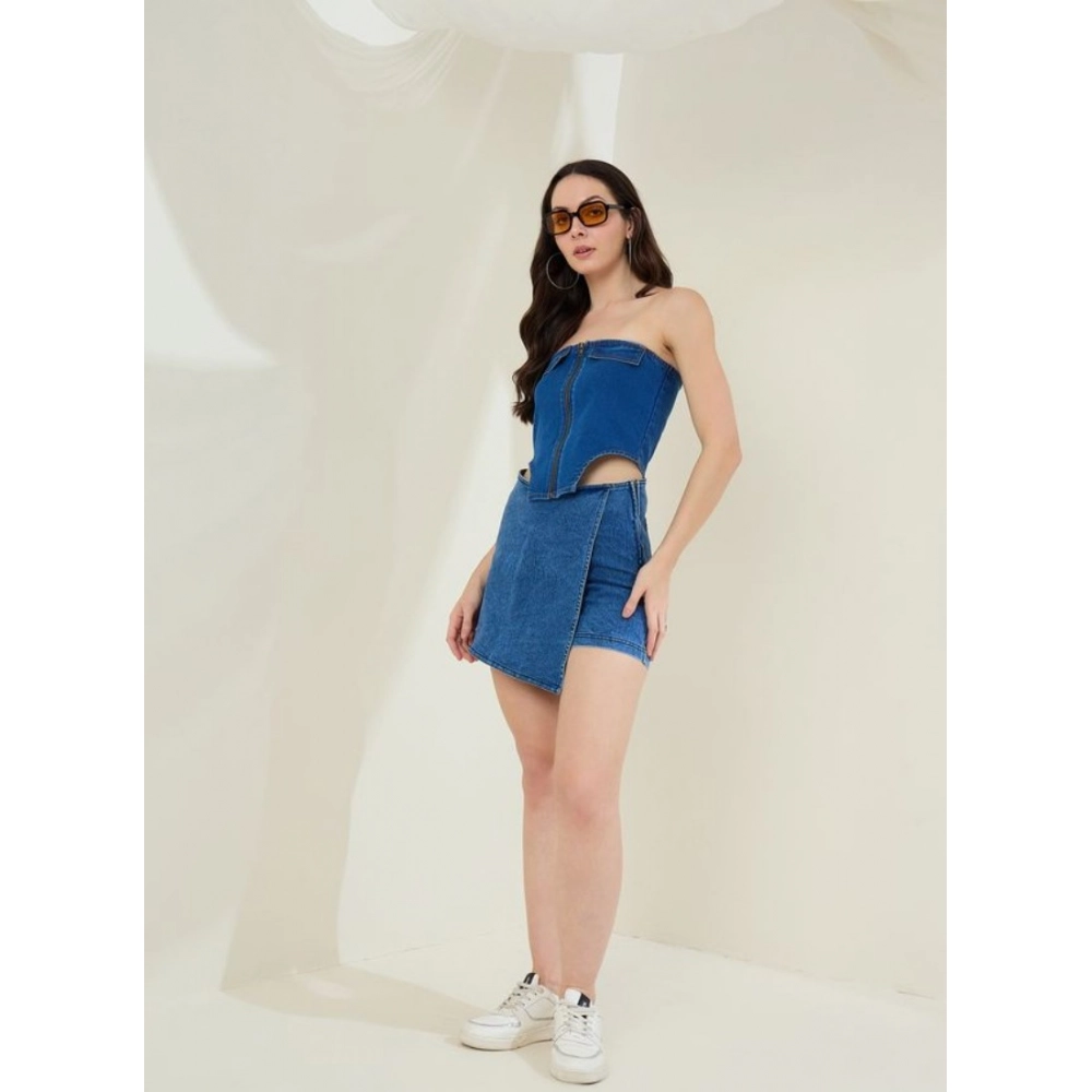 Women's Denim Lycra Solid Sleeveless Top (Blue)
