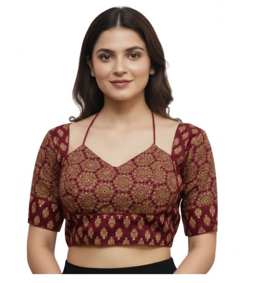 Women's Ajrakh Cotton Printed Sweetheart Padded Blouse (Maroon 38 Ready (Self Alterable 36–40)