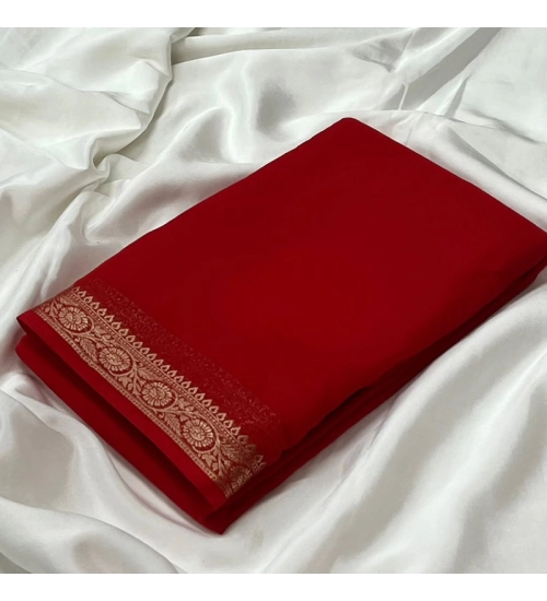 Women's Crepe Chit Pallu Solid Saree With Unstitched Blouse 5.5Mtr (Red)