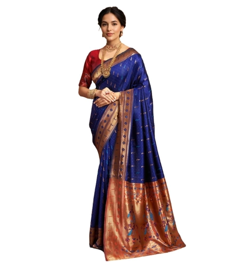 Women's Silk Blend Zari Woven Saree With Unstitched Blouse 5.5Mtr (Navy)