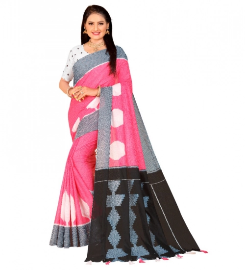 Women's Soft Pure Cotton Printed Saree With Unstitched Blouse 5.5Mtr (Pink)