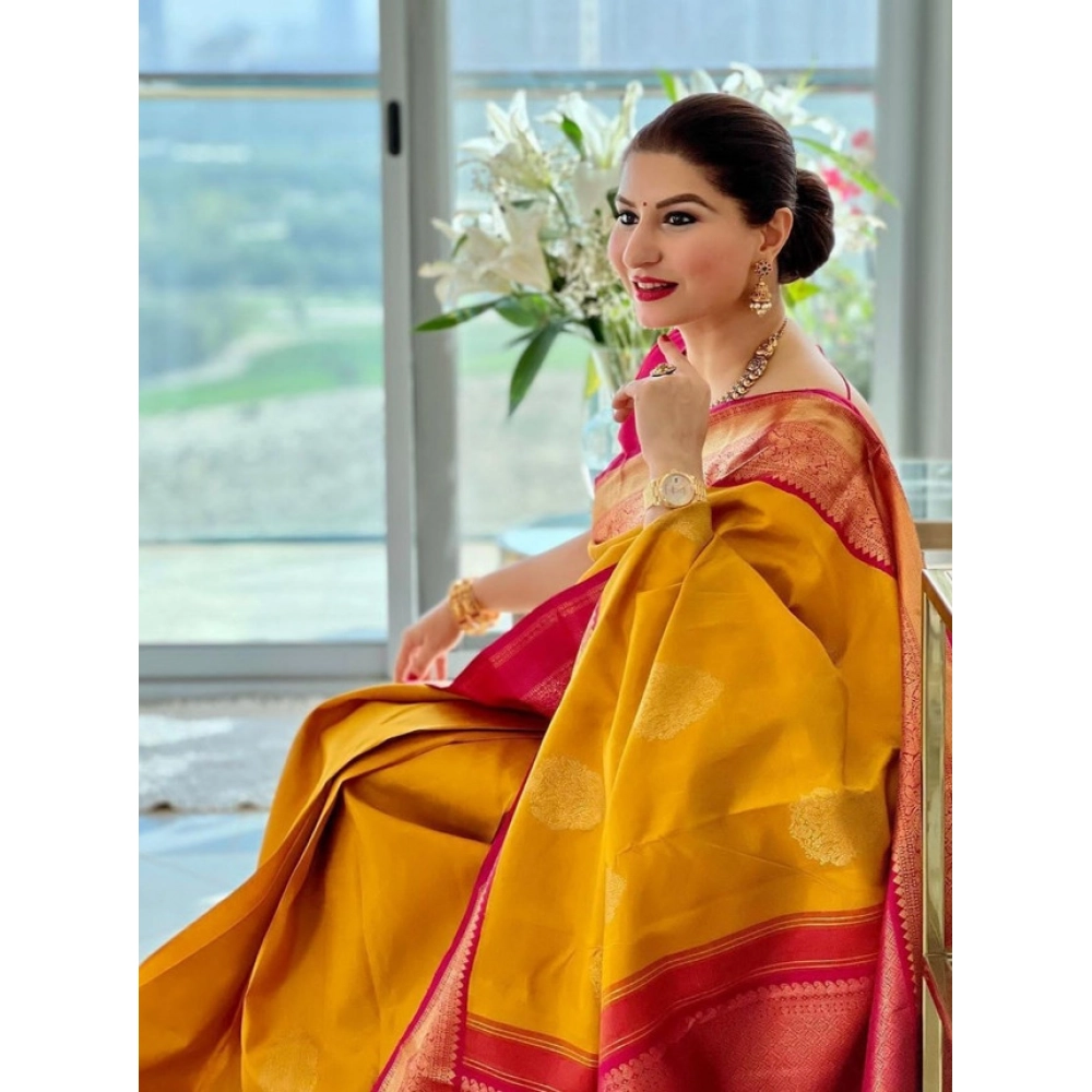 Women's Litchi silk Printed Saree With Unstitched Blouse (Yellow) Women's Litchi silk Printed Saree With Unstitched Blouse (Yellow)
