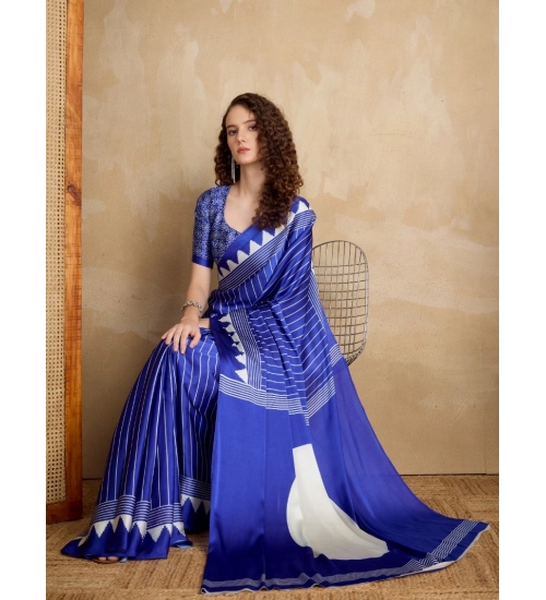 Women's Satin Crepe Printed Saree With Unstitched Blouse 5.5Mtr (Navy Blue)