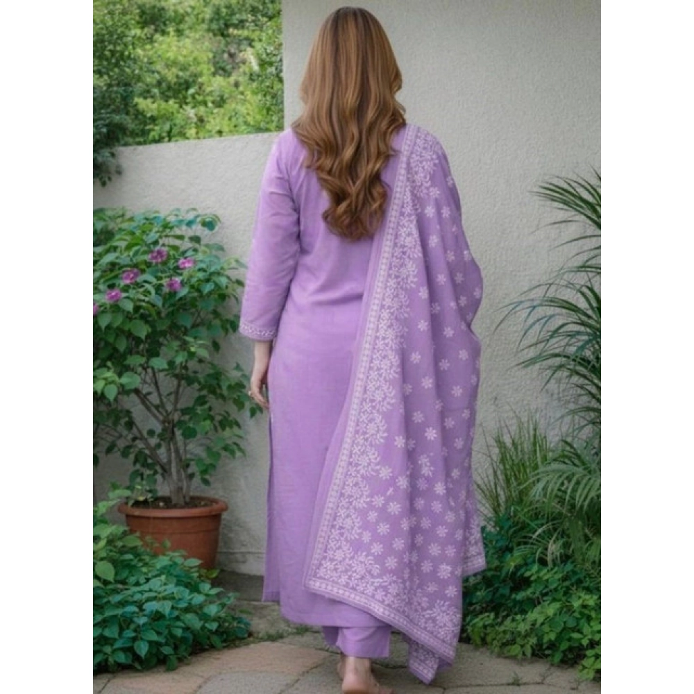 Women's Chanderi Silk Ethnic Motif Round 3/4th Sleeve Kurti With Pant Dupatta Set (Lavender) Women's Chanderi Silk Ethnic Motif Round 3/4th Sleeve Kurti With Pant Dupatta Set (Lavender)