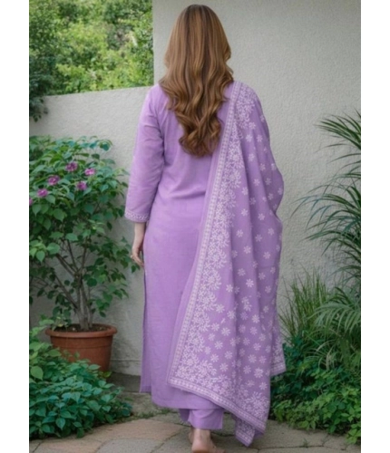 Women's Chanderi Silk Ethnic Motif Round 3/4th Sleeve Kurti With Pant Dupatta Set (Lavender)