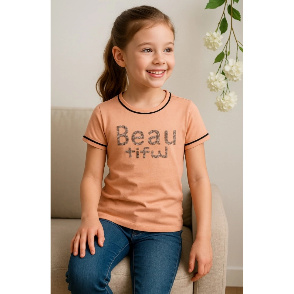 Girl's Cotton Printeded Round Neck T-Shirt (Sandal Beach)