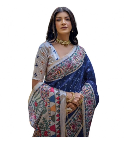 Women's Faux_Tussar Geometric_Print Saree With Unstitched Blouse 5.5Mtr (Blue) Women's Faux_Tussar Geometric_Print Saree With Unstitched Blouse 5.5Mtr (Blue)
