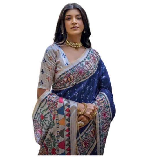 Women's Faux_Tussar Geometric_Print Saree With Unstitched Blouse 5.5Mtr (Blue)