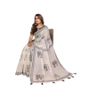 Women's Linen Cotton Printed Saree With Unstitched Blouse 5.5Mtr (Off White)