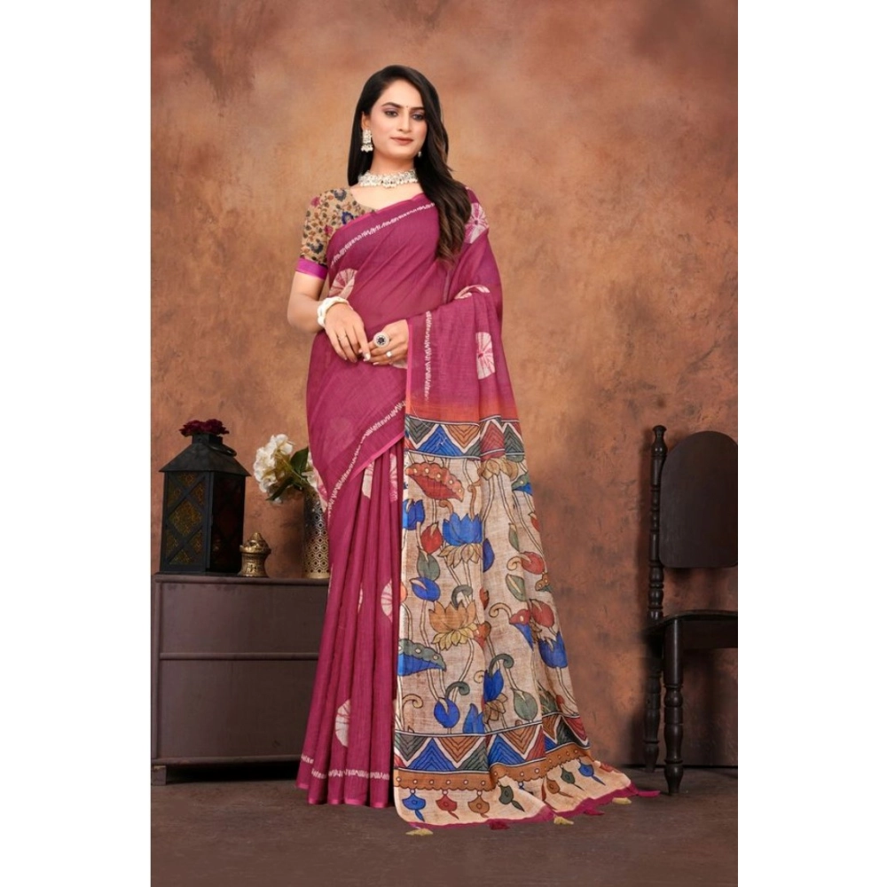 Women's Linen Printed Saree With Unstitched Blouse 5.5Mtr (Purple) Women's Linen Printed Saree With Unstitched Blouse 5.5Mtr (Purple)