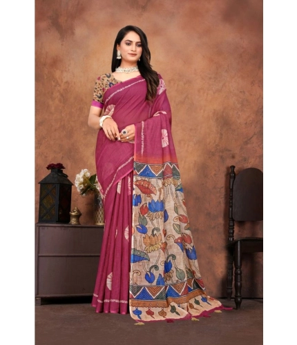 Women's Linen Printed Saree With Unstitched Blouse 5.5Mtr (Purple)