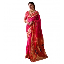 Women's Silk Blend Zari Woven Saree With Unstitched Blouse 5.5Mtr (Pink)
