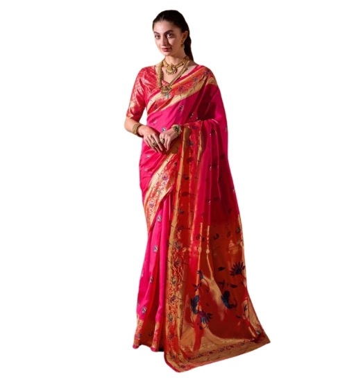 Women's Silk Blend Zari Woven Saree With Unstitched Blouse 5.5Mtr (Pink)