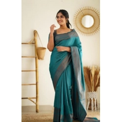 Women's Litchi silk Printed Saree With Unstitched Blouse (Rama Blue)