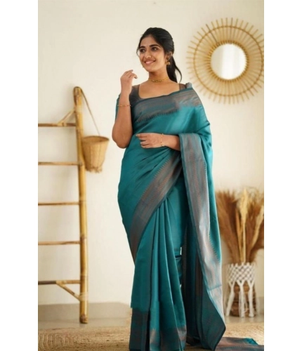 Women's Litchi silk Printed Saree With Unstitched Blouse (Rama Blue)