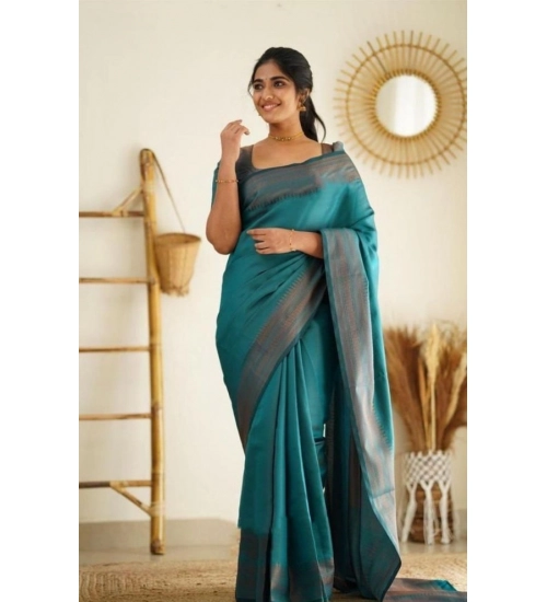 Women's Litchi silk Printed Saree With Unstitched Blouse (Rama Blue)