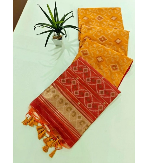Women's Raw Silk Ikkat Saree With Unstitched Blouse 5.5Mtr (Mustard)