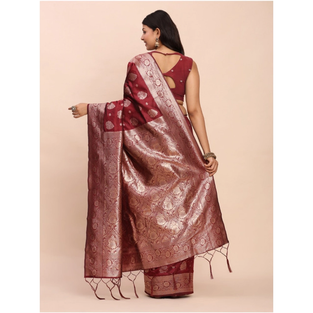 Women's Banarasi Silk Printed Saree With Unstitched Blouse 5.5Mtr (Maroon)