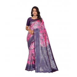 Women's Banarasi Silk Jaquard Woven Saree With Unstitched Blouse 5.5Mtr (Pink)