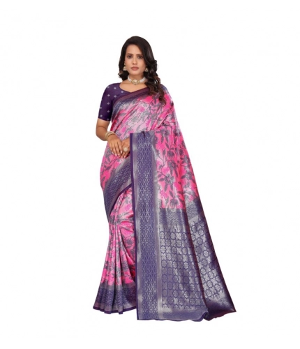 Women's Banarasi Silk Jaquard Woven Saree With Unstitched Blouse 5.5Mtr (Pink)